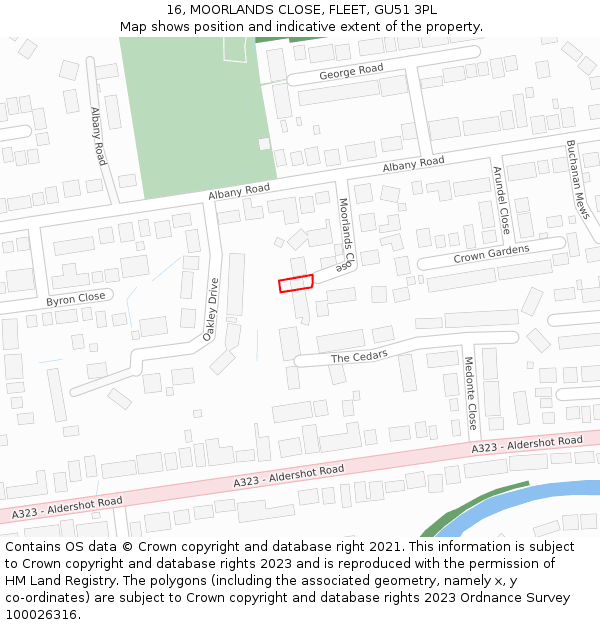 16, MOORLANDS CLOSE, FLEET, GU51 3PL: Location map and indicative extent of plot