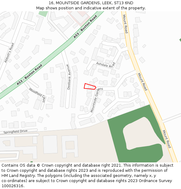 16, MOUNTSIDE GARDENS, LEEK, ST13 6ND: Location map and indicative extent of plot