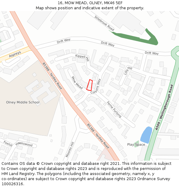 16, MOW MEAD, OLNEY, MK46 5EF: Location map and indicative extent of plot