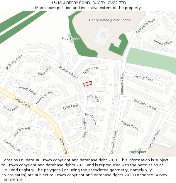 16, MULBERRY ROAD, RUGBY, CV22 7TD: Location map and indicative extent of plot