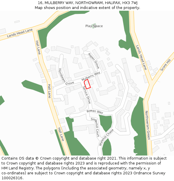 16, MULBERRY WAY, NORTHOWRAM, HALIFAX, HX3 7WJ: Location map and indicative extent of plot