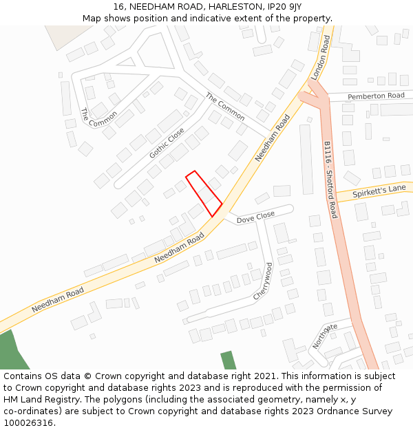 16, NEEDHAM ROAD, HARLESTON, IP20 9JY: Location map and indicative extent of plot