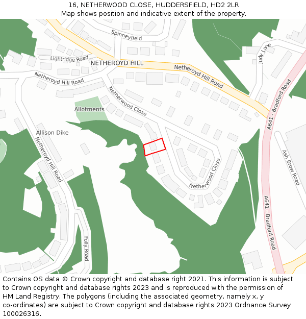 16, NETHERWOOD CLOSE, HUDDERSFIELD, HD2 2LR: Location map and indicative extent of plot