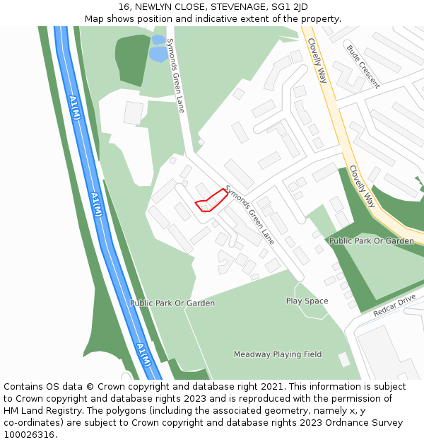 16, NEWLYN CLOSE, STEVENAGE, SG1 2JD: Location map and indicative extent of plot