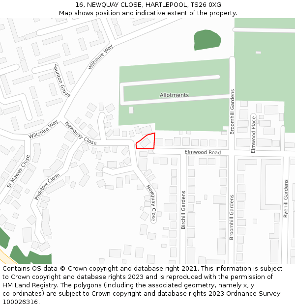 16, NEWQUAY CLOSE, HARTLEPOOL, TS26 0XG: Location map and indicative extent of plot