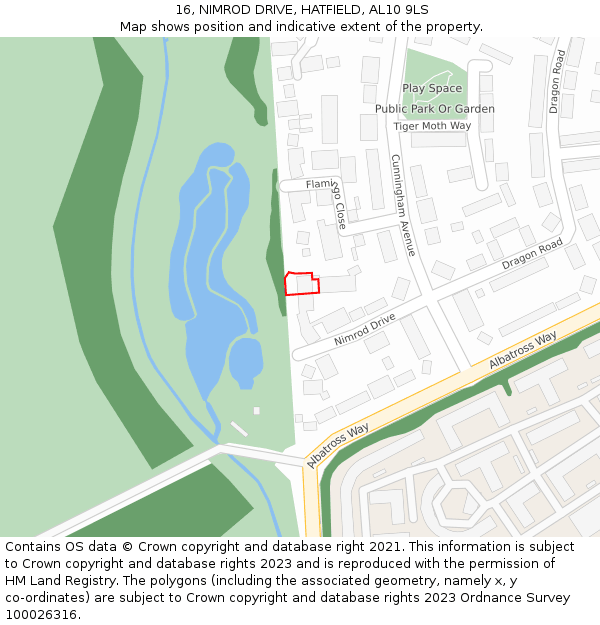 16, NIMROD DRIVE, HATFIELD, AL10 9LS: Location map and indicative extent of plot