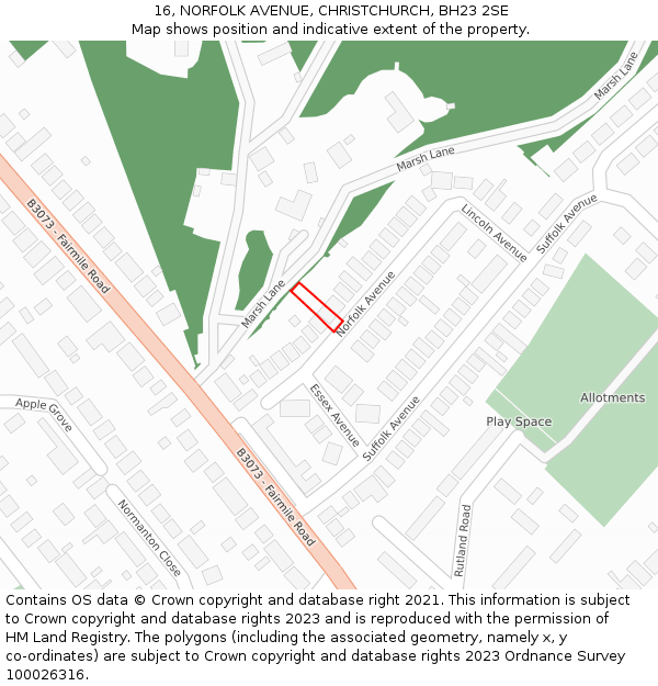 16, NORFOLK AVENUE, CHRISTCHURCH, BH23 2SE: Location map and indicative extent of plot