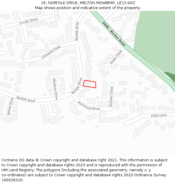 16, NORFOLK DRIVE, MELTON MOWBRAY, LE13 0AZ: Location map and indicative extent of plot