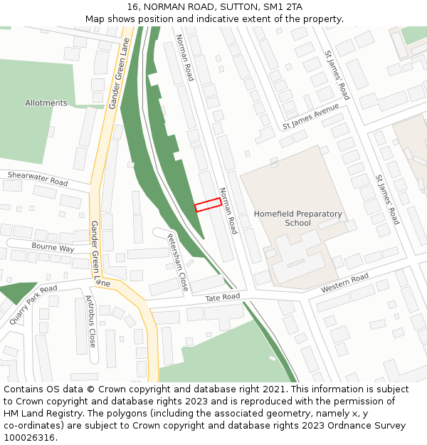 16, NORMAN ROAD, SUTTON, SM1 2TA: Location map and indicative extent of plot