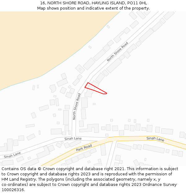 16, NORTH SHORE ROAD, HAYLING ISLAND, PO11 0HL: Location map and indicative extent of plot