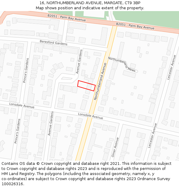 16, NORTHUMBERLAND AVENUE, MARGATE, CT9 3BP: Location map and indicative extent of plot