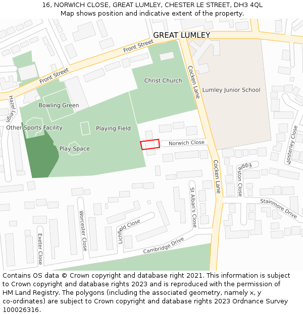 16, NORWICH CLOSE, GREAT LUMLEY, CHESTER LE STREET, DH3 4QL: Location map and indicative extent of plot