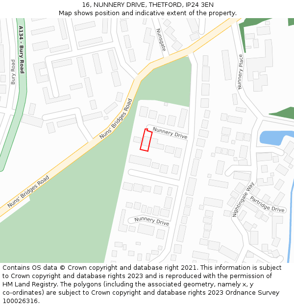 16, NUNNERY DRIVE, THETFORD, IP24 3EN: Location map and indicative extent of plot