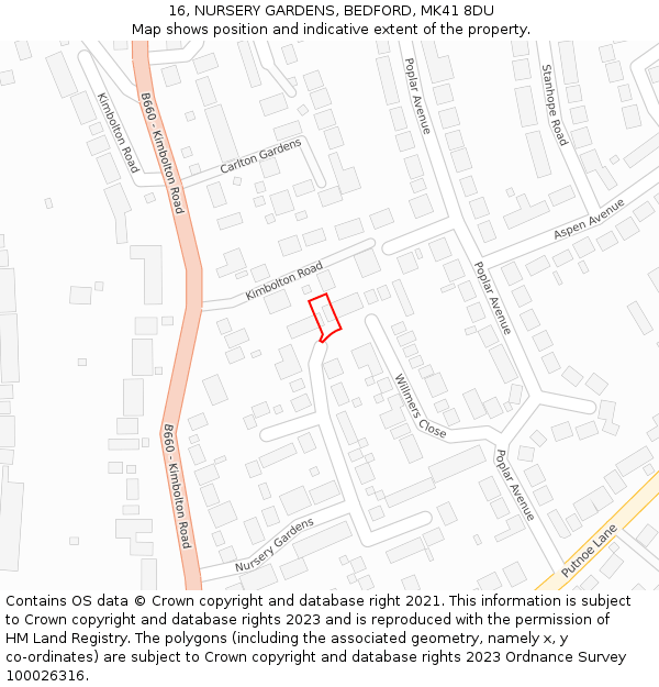 16, NURSERY GARDENS, BEDFORD, MK41 8DU: Location map and indicative extent of plot