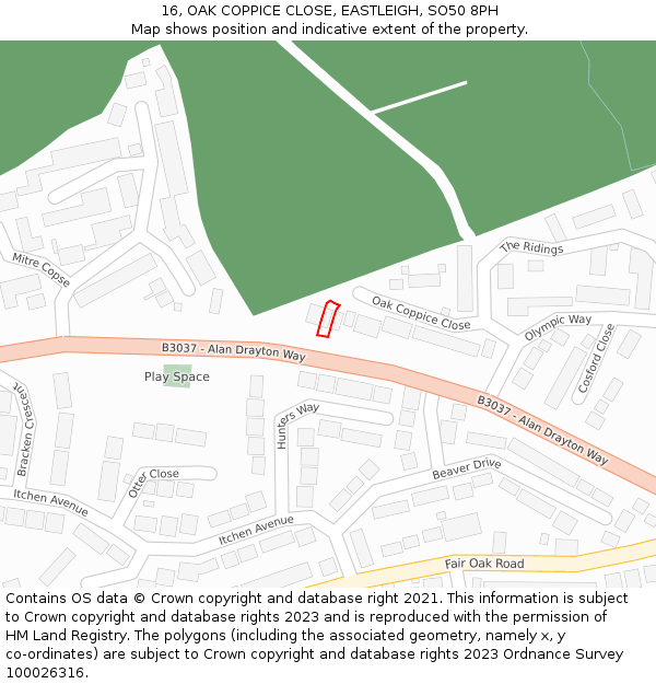 16, OAK COPPICE CLOSE, EASTLEIGH, SO50 8PH: Location map and indicative extent of plot