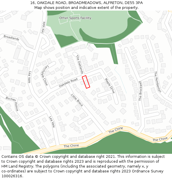 16, OAKDALE ROAD, BROADMEADOWS, ALFRETON, DE55 3PA: Location map and indicative extent of plot