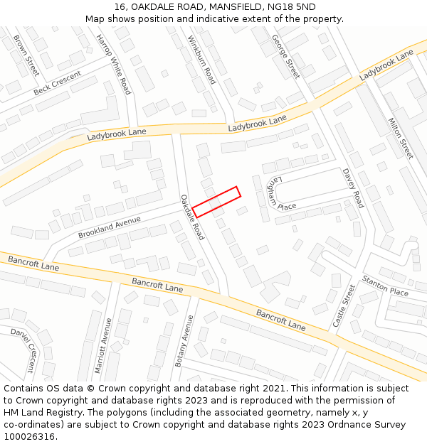 16, OAKDALE ROAD, MANSFIELD, NG18 5ND: Location map and indicative extent of plot