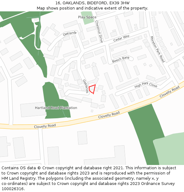 16, OAKLANDS, BIDEFORD, EX39 3HW: Location map and indicative extent of plot