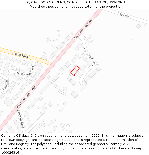 16, OAKWOOD GARDENS, COALPIT HEATH, BRISTOL, BS36 2NB: Location map and indicative extent of plot