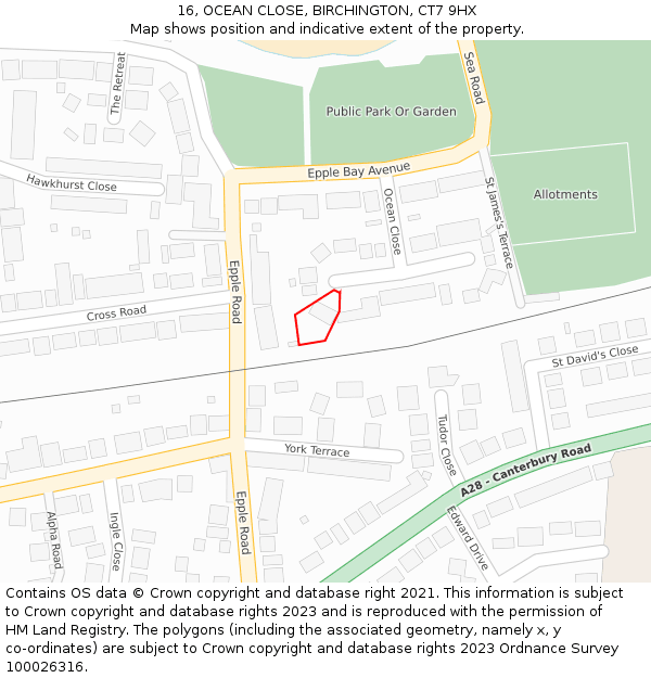 16, OCEAN CLOSE, BIRCHINGTON, CT7 9HX: Location map and indicative extent of plot