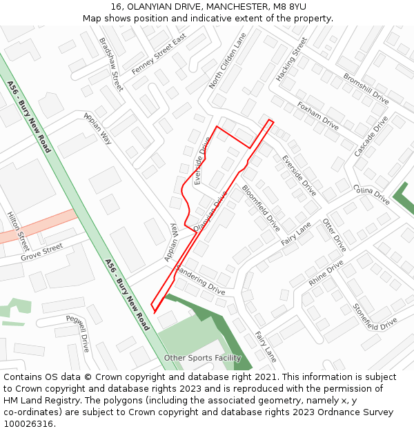 16, OLANYIAN DRIVE, MANCHESTER, M8 8YU: Location map and indicative extent of plot