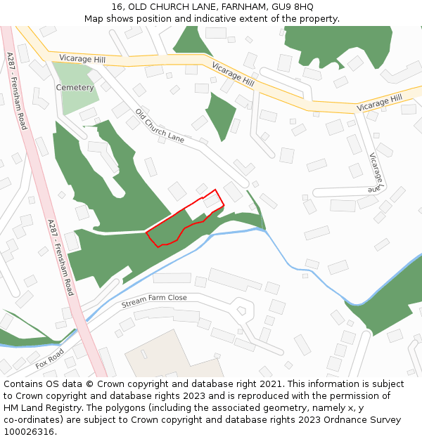 16, OLD CHURCH LANE, FARNHAM, GU9 8HQ: Location map and indicative extent of plot