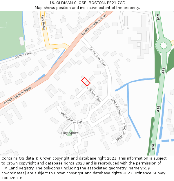 16, OLDMAN CLOSE, BOSTON, PE21 7GD: Location map and indicative extent of plot