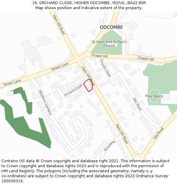 16, ORCHARD CLOSE, HIGHER ODCOMBE, YEOVIL, BA22 8XR: Location map and indicative extent of plot