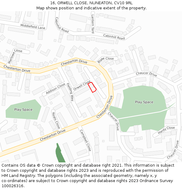16, ORWELL CLOSE, NUNEATON, CV10 9RL: Location map and indicative extent of plot