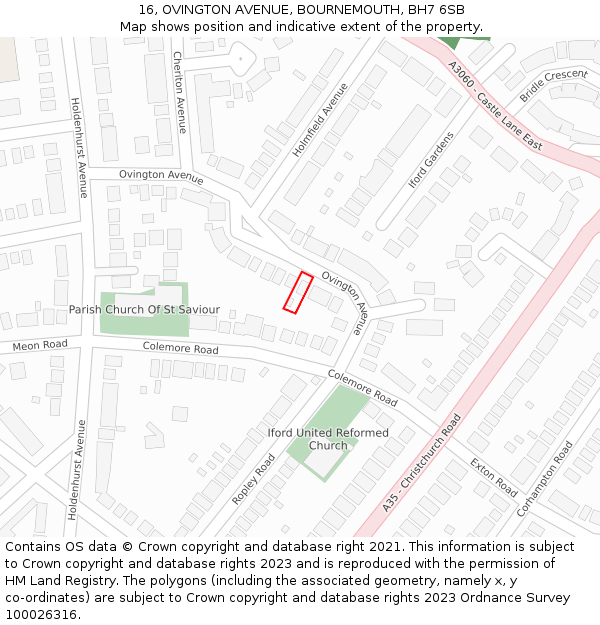 16, OVINGTON AVENUE, BOURNEMOUTH, BH7 6SB: Location map and indicative extent of plot