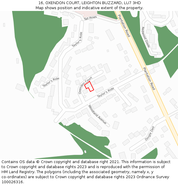 16, OXENDON COURT, LEIGHTON BUZZARD, LU7 3HD: Location map and indicative extent of plot