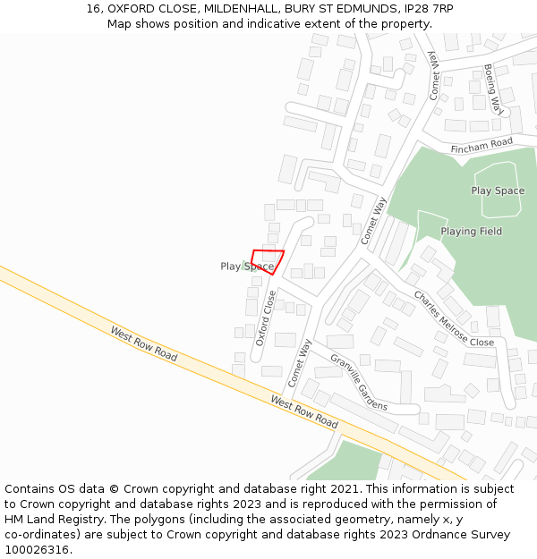 16, OXFORD CLOSE, MILDENHALL, BURY ST EDMUNDS, IP28 7RP: Location map and indicative extent of plot