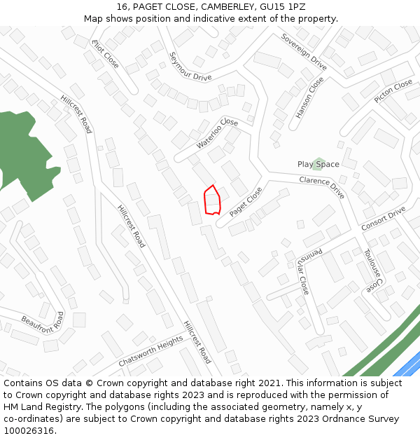 16, PAGET CLOSE, CAMBERLEY, GU15 1PZ: Location map and indicative extent of plot