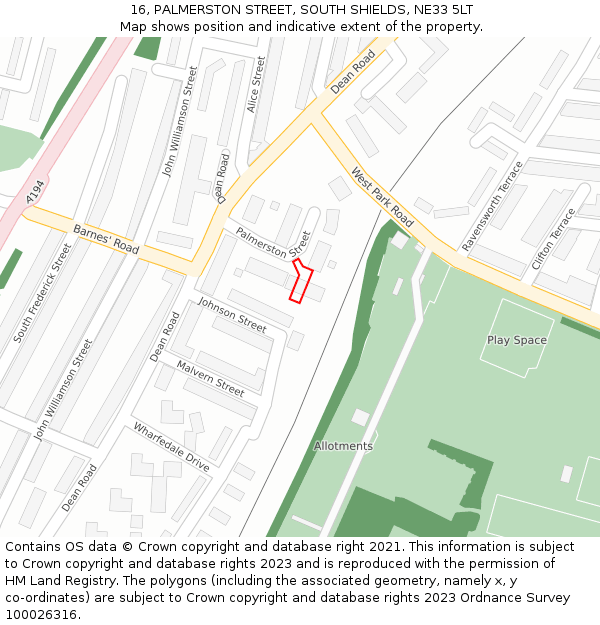 16, PALMERSTON STREET, SOUTH SHIELDS, NE33 5LT: Location map and indicative extent of plot