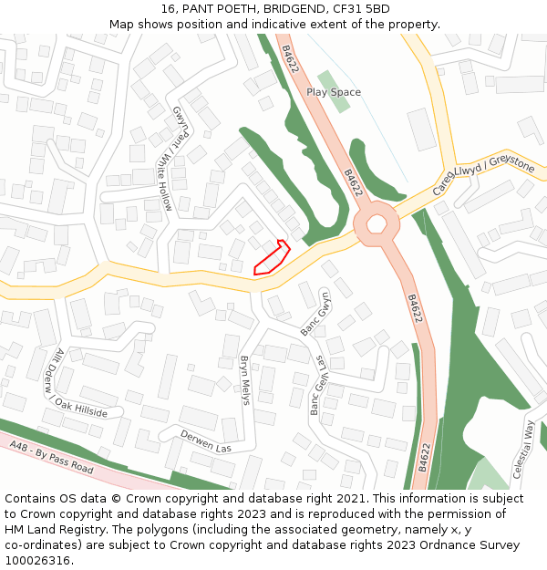 16, PANT POETH, BRIDGEND, CF31 5BD: Location map and indicative extent of plot
