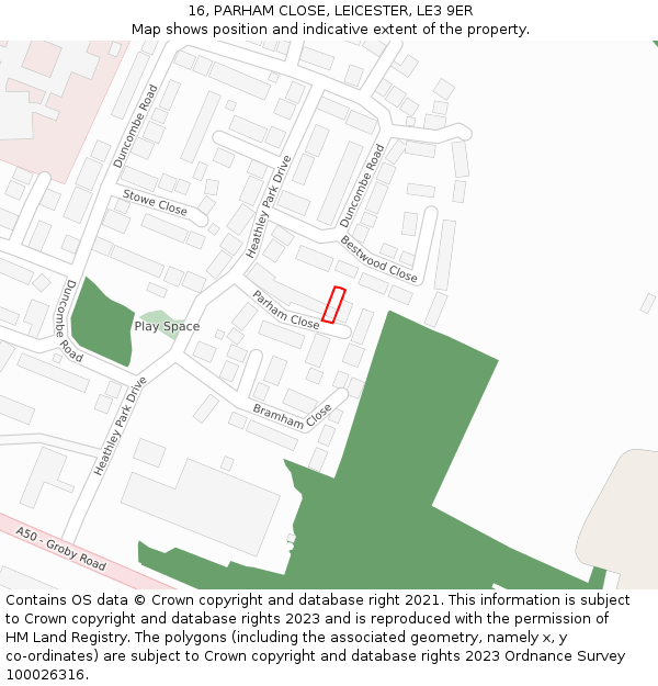 16, PARHAM CLOSE, LEICESTER, LE3 9ER: Location map and indicative extent of plot