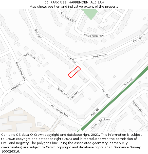 16, PARK RISE, HARPENDEN, AL5 3AH: Location map and indicative extent of plot