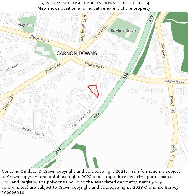 16, PARK VIEW CLOSE, CARNON DOWNS, TRURO, TR3 6JL: Location map and indicative extent of plot