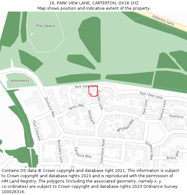16, PARK VIEW LANE, CARTERTON, OX18 1HZ: Location map and indicative extent of plot