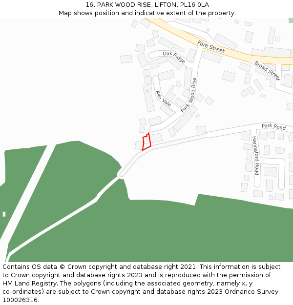 16, PARK WOOD RISE, LIFTON, PL16 0LA: Location map and indicative extent of plot