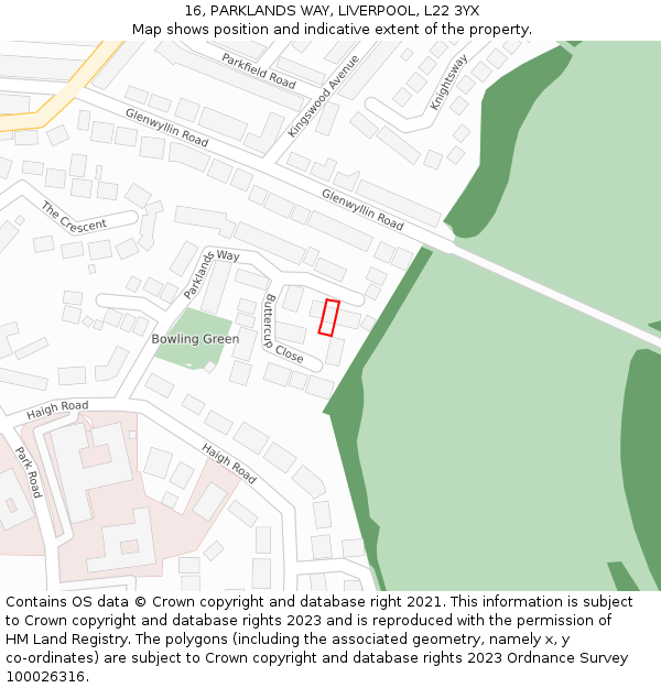 16, PARKLANDS WAY, LIVERPOOL, L22 3YX: Location map and indicative extent of plot
