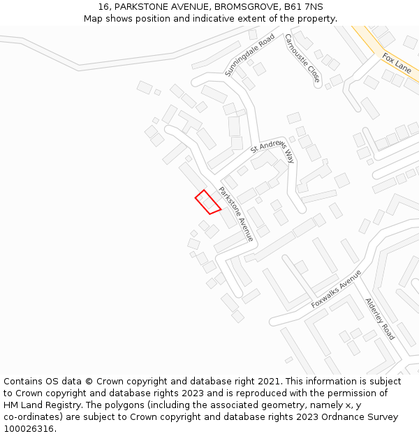 16, PARKSTONE AVENUE, BROMSGROVE, B61 7NS: Location map and indicative extent of plot