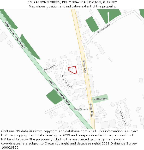 16, PARSONS GREEN, KELLY BRAY, CALLINGTON, PL17 8EY: Location map and indicative extent of plot