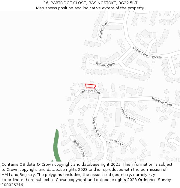 16, PARTRIDGE CLOSE, BASINGSTOKE, RG22 5UT: Location map and indicative extent of plot