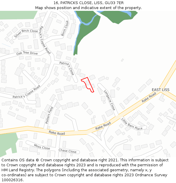 16, PATRICKS CLOSE, LISS, GU33 7ER: Location map and indicative extent of plot