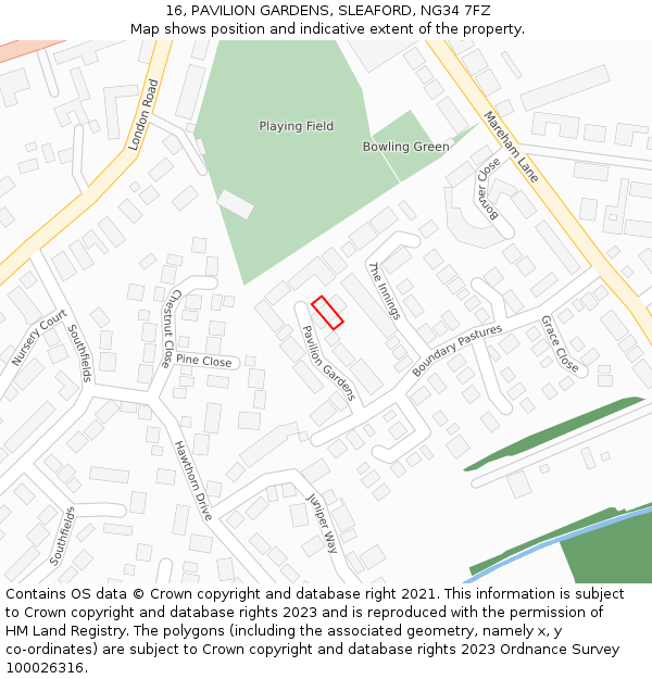 16, PAVILION GARDENS, SLEAFORD, NG34 7FZ: Location map and indicative extent of plot