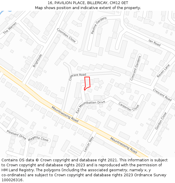 16, PAVILION PLACE, BILLERICAY, CM12 0ET: Location map and indicative extent of plot