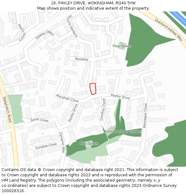 16, PAYLEY DRIVE, WOKINGHAM, RG40 5YW: Location map and indicative extent of plot