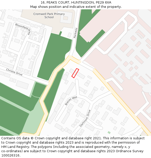 16, PEAKS COURT, HUNTINGDON, PE29 6XA: Location map and indicative extent of plot