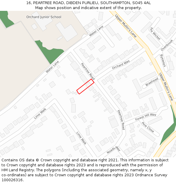 16, PEARTREE ROAD, DIBDEN PURLIEU, SOUTHAMPTON, SO45 4AL: Location map and indicative extent of plot